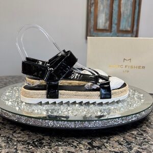 Marc Fisher Jecca Black Patent Espadrille Platform Sandal with Jute Trim NEW 6.5